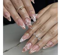 Faux Ongles Court MouyouGlow,Amande Nude Rose Marbre French 3D Fleurs Florales Or Gold Striped Etoile de Mer Design Press on Nails,Pink Marble Tips Flowers Automne Hiver INS Fake Nails