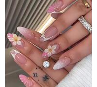 Faux Ongles Court MouyouGlow,Amande Ombre Rosa 3D Fleur Press on Nails