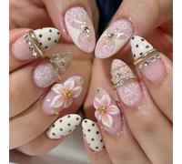 Faux Ongles Court MouyouGlow,Amande Points French 3D Fleurs Floral Strass Design Short Press on Nails,Yellow Polka Dots Tips Lace Diamant Eté INS Fake Nails pour Femme