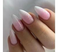 Faux Ongles Court MouyouGlow,Amande Rosa Gradient Blanc Paillettes Design Short Full Cover Press on Nails,Pink Ombre White Bling Sweet Fake Nails pour Femme