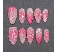 Faux Ongles Court MouyouGlow,Amande Rose 3D Papillon Fleurs Floral Water Rib Design Short Press on Nails,Pink Airbrushing Flower Butterfly Sweet Eté INS Fake Nails pour Femme