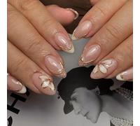 Faux Ongles Court MouyouGlow,Amande Rose Blanc 3D Or Twill Paillettes French Fleurs Floral Press on Nails avec Colle à Ongles,Pink Base Flowers Golden Striped Bling Été INS Fake Nails