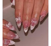 Faux Ongles Court MouyouGlow,Amande Rose Blanc French 3D Noeud Papillon Bow Cat Eye Wavy Crystal Design Y2k Press on Nails avec Colle à Ongles,White Tips Strass Eté INS Fake Nails