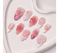Faux Ongles Court MouyouGlow,Amande Rose Blanc French 3D Schleife Fliege Bow Tie Design Noeud Papillon Perle Y2K Press on Nails,Pink White Tips Flower Sweet Fairy Ins Fake Nails pour Femme