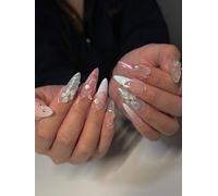 Faux Ongles Court MouyouGlow,Amande Rose Bleu Violet French 3D Papillon Fleurs Perle Cute Coquette Press on Nails avec Colle à Ongles,Y2K Flowers Butterfly Nude Pink Fake Nails