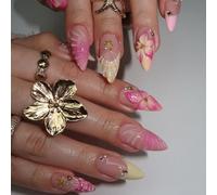 Faux Ongles Court MouyouGlow,Amande Rose French 3D Fleurs Floral Water Rib Étoiles de Mer Perle Design Press on Nails avec Colle à Ongles,Pink Tips Flowers Été INS Y2k Fake Nails