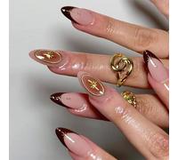 Faux Ongles Court MouyouGlow,Amande Rouge Foncé Bourgogne French 3D Or Etoiles Blush Design Y2k Press on Nails avec Colle à Ongles,Brown Tips Flowers INS Fake Nails