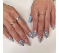 Faux Ongles Court MouyouGlow,Amande Shimmer Baby Bleu Paillette 3D Noeud Rhinestones Cœur Charm Coquette Press on Nails avec Colle à Ongles,Coréen Fake Nails