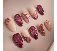 Faux Ongles Court MouyouGlow,Amande Wein Rouge French 3D Papillon Bubble Perle Wavy Design Cat Eye Magnetic Short Y2K Press on Nails,Red Butterfly Printemps Automne INS Fake Nails pour Femme