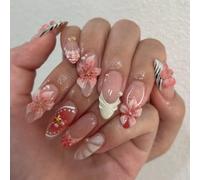 Faux Ongles Court MouyouGlow,Amande Zebra French 3D Fleurs Florales Perle Etoile de Mer Or Gold Brads Design Mandel Y2K Press on Nails,Tisps Pink Flowers Été Automne INS Fake Nails pour Femme