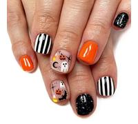 Faux Ongles Court MouyouGlow,Carré Halloween Jack-o'-lantern Citrouille Ghost Bat Étoile Moon Paillettes Creepy Horror Cute Cartoon Press on Nails avec Colle à Ongles,Glossy Fake Nails