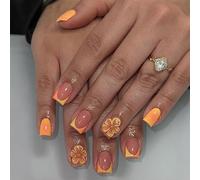 Faux Ongles Court MouyouGlow,Carré Jaune Orangé French 3D Fleurs Florales Or Gold Beads Design Short Press on Nails,Yellow Airbrushing Flower Été INS Sweet Fake Nails pour Femme