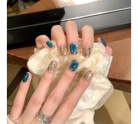 Faux Ongles Court MouyouGlow,Carré Lac céleste Bleu Paillettes Diamant Cat Eye Magnetic Œil de Chat Press on Nails avec Colle à Ongles,Sky Lake Blue Shimmer Strass Fake Nails