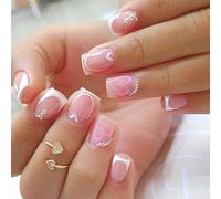 Faux Ongles Court MouyouGlow,Carré Nude Rose Blanc French Cœur Valentine Day Diamant Design Short Press on Nails,Pink White Tips Heart Crystal Love Sweet INS Fake Nails pour Femme