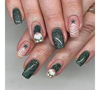 Faux Ongles Court MouyouGlow,Carré Vert Paillettes Green Etoiles Christmas Tree Père Noël XMAS New Year Press on Nails avec Colle à Ongles,White Silver Shimmer Snow Winter Fake Nails