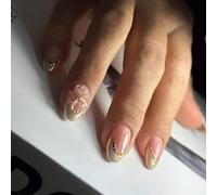 Faux Ongles Court MouyouGlow,Rond Nude Blanc French 3D Gold Wavy Fleurs Floral Press on Nails avec Colle à Ongles,White Tips Flowers Golden Striped Été INS Fake Nails