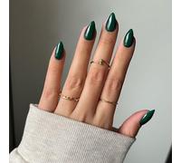 Faux ongles courts à presser en acrylique naturel en forme d'amande, vert olive, avec colle, pour femmes et adolescentes, décorations de manucure amovibles vert foncé