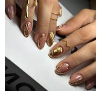 Faux Ongles Courts À Pression En Forme D'amande or Brillant Avec Ondulé Sculpté Couvertures Complètes Réutilisables Nail Art 24 Pièces