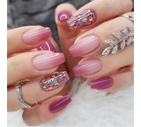Faux ongles courts ballerine pailletés Violet et rose dégradé | Matériau ABS de haute qualité, colle flexible et sûre, s'adapte aux courbes naturelles des ongles, longue durée de vie