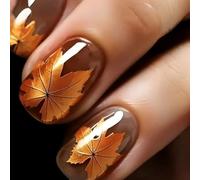 Faux ongles courts carrés à coller Faux ongles marron Feuille d'érable ambrée Faux ongles à coller avec languettes adhésives