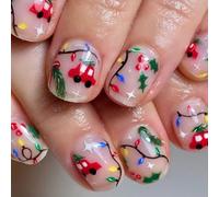 Faux ongles courts carrés à coller sur les ongles de Noël - Avec bande lumineuse - Pour filles