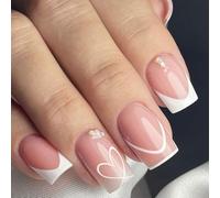 Faux ongles courts carrés brillants à coller sur les ongles en forme de cœur pour femme