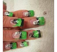 Faux ongles courts carrés noirs et verts à pointe française, pour Halloween, phosphorescent