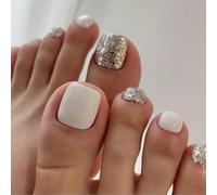 Faux ongles courts carrés pailletés pression sur les ongles des pieds acrylique faux orteils ongles artificiels ongles de pied pleine plainte ongles d'orteils conseils français faux ongles avec design