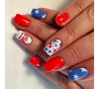 Faux ongles courts carrés patriotiques - Pointe française - À presser - Couverture complète - Faux ongles - Fausses colles du jour de l'indépendance
