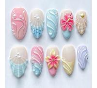 Faux ongles courts en forme d'amande à coller ongles de plage faux ongles 3D à fleurs 12 tailles - 30 pièces