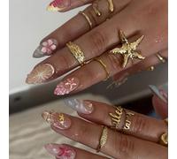 Faux ongles courts en forme d'amande à coller ongles de plage faux ongles 3D à fleurs 30 pièces