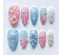 Faux ongles courts en forme d'amande à coller ongles océan faux ongles 3D à fleurs pour les fêtes avec languettes adhésives 30 pièces