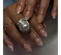 Faux ongles courts en forme d'amande avec fleurs - Couverture complète à coller - Convient pour diverses occasions - Facile à porter
