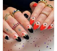 Faux ongles courts en forme d'amande avec motif cœur élégant - Accessoire pour la Saint-Valentin - Application rapide
