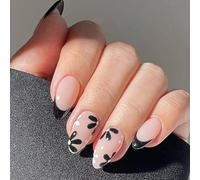 Faux ongles courts en forme d'amande noire et blanche à motif floral en gel - Design 3D tendance - En acrylique doux - Pas besoin de colle - Réutilisables pour femme