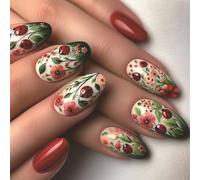 Faux ongles courts ovales floraux avec motif floral Presse acrylique sur ongles Manucure Décorations pour les fêtes de vacances Nail Art pour célébrations