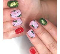 Faux ongles de Noël verts avec arbre - Couverture complète - À coller - Carré court - Presse carrée