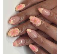 Faux ongles de style français à pointe d'amande - Motif fleur jaune pêche dégradé - Application rapide en salon - Jaune