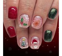 Faux Ongles de Vacances 24 Pièces Conception de Flocon de Neige du Père Noël de Noël, Presse Réutilisable sur les Ongles ABS pour la Fête de Noël Presse sur l'Ongle