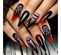 Faux ongles d'Halloween avec rose rouge chauve-souris goutte de sang en ABS léger pour fête costumée, application facile, accessoires de fête d'Halloween