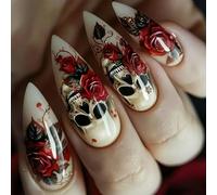 Faux ongles d'Halloween en forme d'amande - Motif tête de mort et rose - Ongles en ABS - Application facile - Durabilité - Thème fantôme - Faux ongles d'Halloween