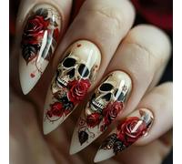 Faux ongles d'Halloween en forme d'amande - Motif tête de mort - Rose - Application facile - Durabilité - Thème fantôme - Squelette - Rose et amande
