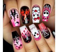 Faux ongles d'Halloween en forme de tête de mort - Longueur M - Forme carrée - En ABS - Pour femme - Accessoires de costume - En ABS - À presser