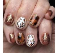 Faux Ongles D'Halloween Finition Mate Ovale Courte À Pression Avec Feuille 'or Conception De Toile 'araignée Pour Fête 'Halloween Presse Ovale Courte De Sur L'ongle