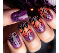 Faux ongles d'Halloween - Motif mystérieux - Longueur M - Forme carrée - Pour fête et usage quotidien - Violet - Forêt mystique