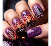 Faux ongles d'Halloween - Motif mystérieux - Longueur M - Forme carrée - Pour fête et usage quotidien - Violet - Forêt mystique