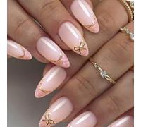 Faux ongles d'inspiration française avec nœuds dorés en forme d'amande - ABS de qualité supérieure - Facile à appliquer - Faux ongles élégants pour femme