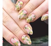 Faux ongles dorés scintillants avec art floral - Coupe confortable - Partie manucure de Noël pour femme