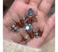 Faux ongles élégants à carreaux avec nœuds et strass - Pour tous les jours ou les occasions spéciales - Nail Art étudiant