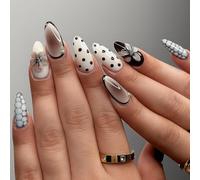 Faux ongles élégants avec art floral et géométrique 3D - Ensemble d'ongles à coller en amande moyenne avec finition brillante, pointes réutilisables, faites à la main, motifs blanc, noir, or, argent